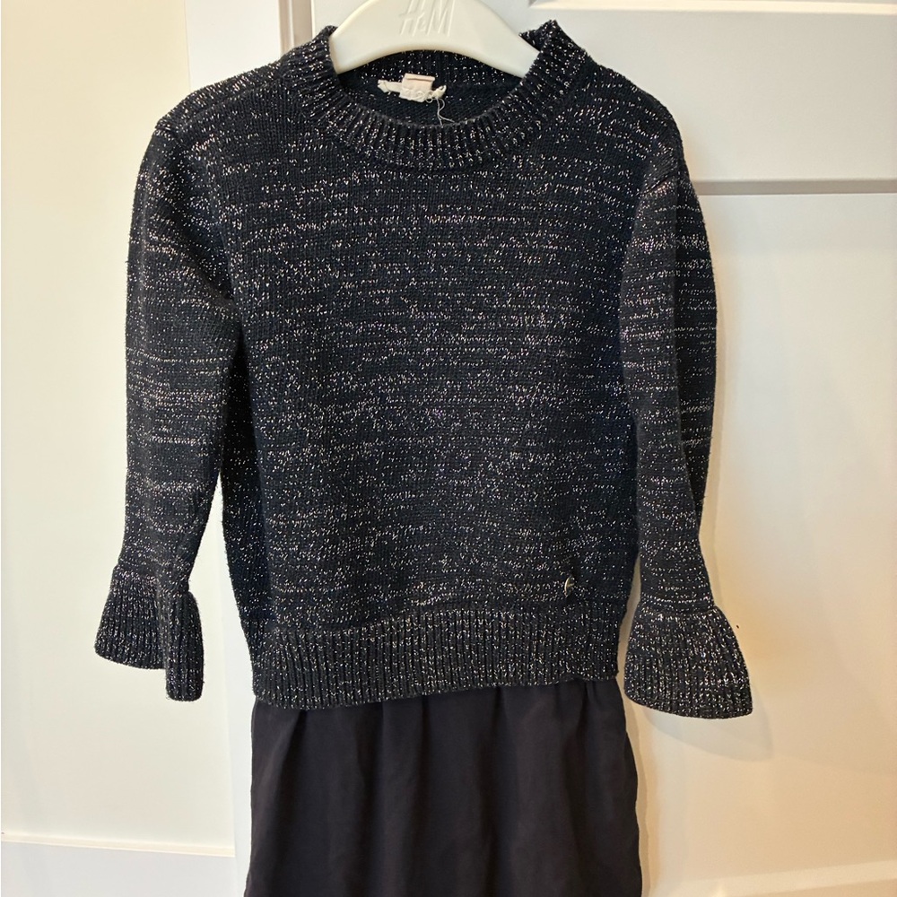 Esprit Navy metallic sparkle  Crewneck Sweater dress with Ruffled Cuffs